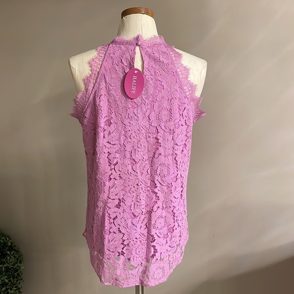 Women’s summer lace halter top sleeveless mock neck eyelash finishMed lilac - Picture 3 of 12